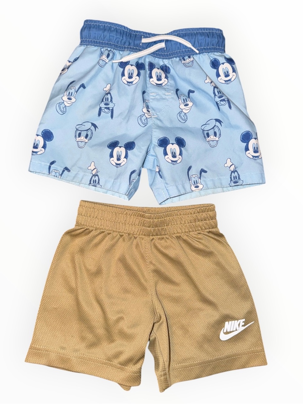 Disney Light Blue Mickey Mouse Swim Shorts with Tan Nike Athletic Shorts
